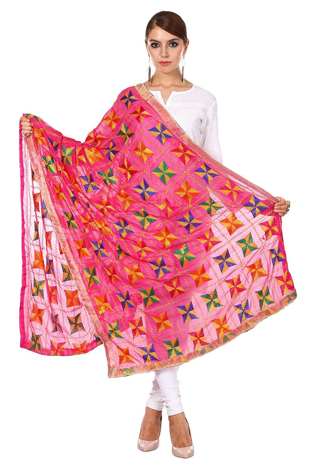 Pashtush Womens Chiffon Dupatta With Multicoloured Embroidery, Light Weight, Hot Pink
