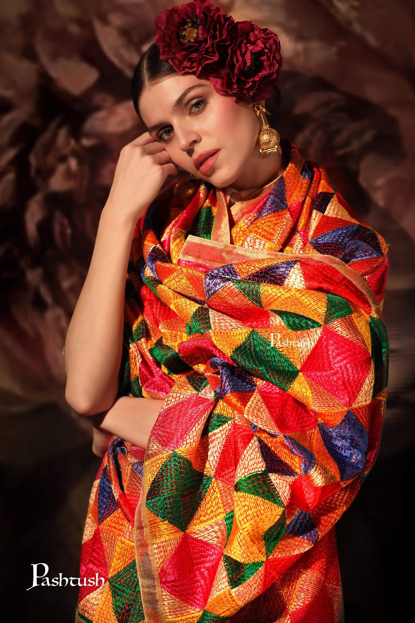 Pashtush Shawl Store Dupatta Pashtush Womens Chiffon Dupatta with Multicoloured Embroidery, Phulkari