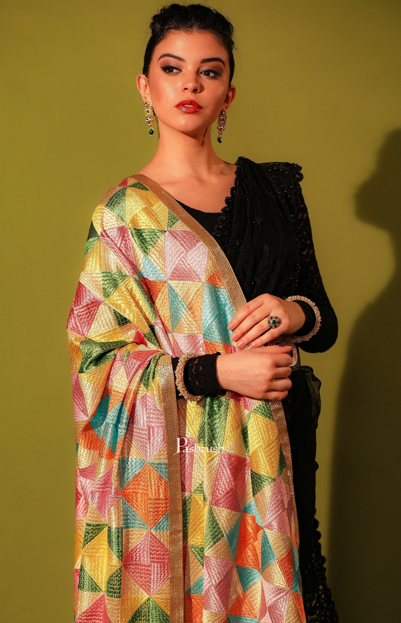 Pashtush India Womens Dupatta Pashtush Womens Chiffon Dupatta With Multicoloured Embroidery, Phulkari