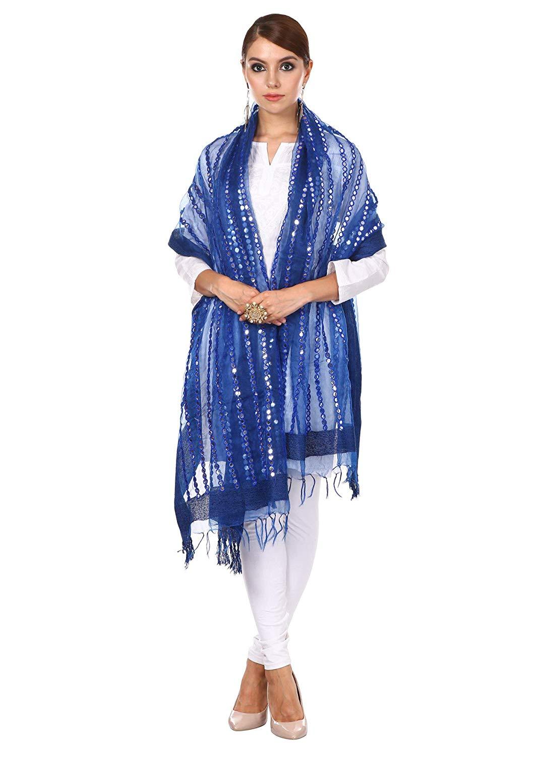 Pashtush Womens Chiffon Handmade Dupatta With Sequin And Mirror Work Embroidery, Light Weight, Blue, Free Size