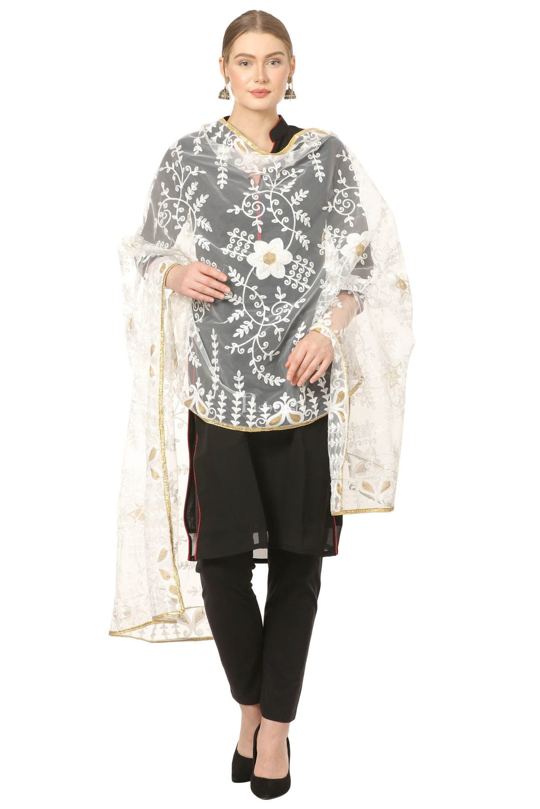 Pashtush India Womens Dupatta Pashtush Womens Chiffon Net Dupatta With Embellished Flowers Embroidery, Light Weight Ivory White