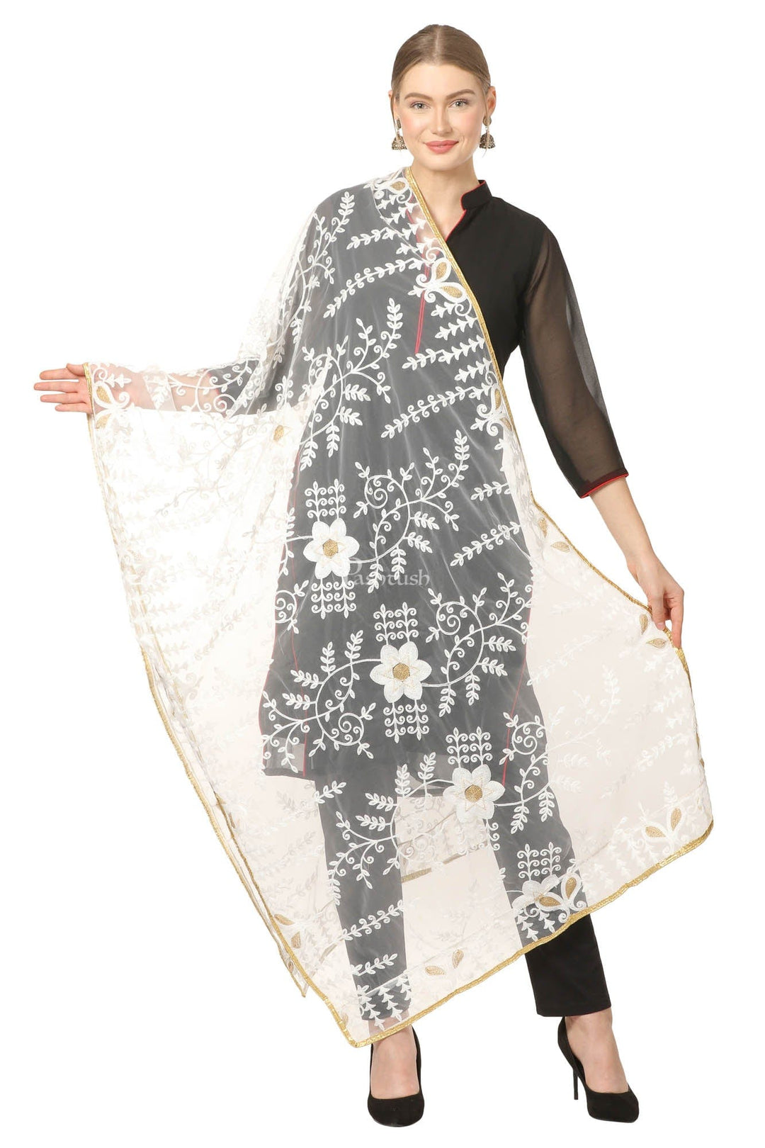Pashtush India Womens Dupatta Pashtush Womens Chiffon Net Dupatta With Embellished Flowers Embroidery, Light Weight Ivory White