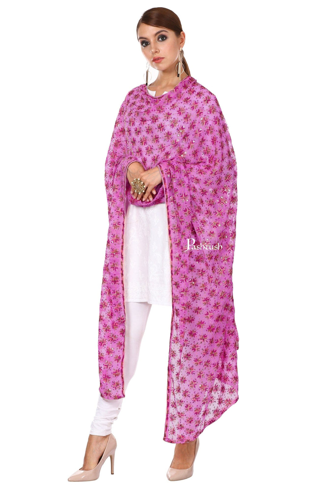 Pashtush India Womens Dupatta Pashtush Womens Chiffon Phulkari Dupatta, Majenta