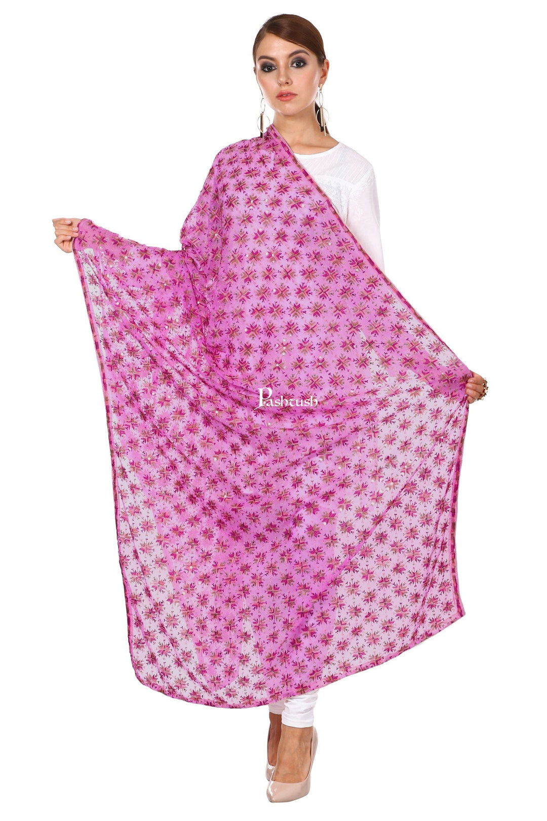 Pashtush India Womens Dupatta Pashtush Womens Chiffon Phulkari Dupatta, Majenta