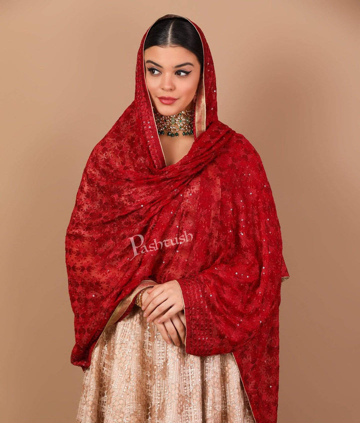 Pashtush Shawl Store Dupatta Pashtush Womens Chiffon Phulkari Dupatta, Scarlet