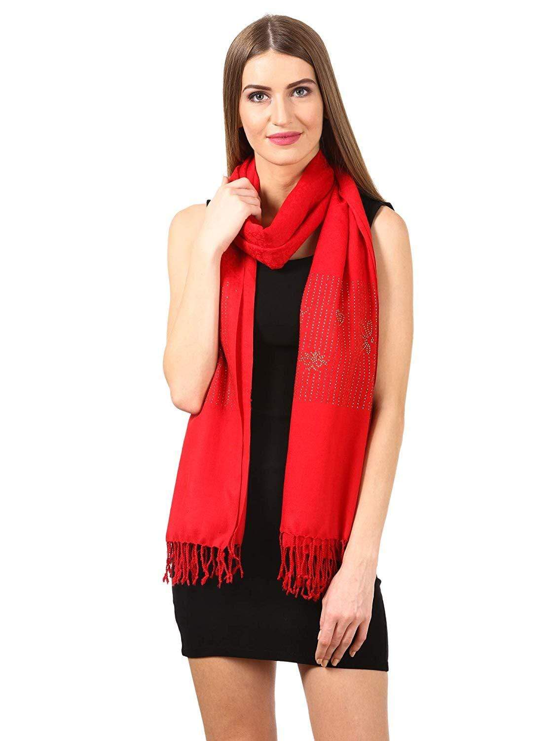 Pashtush Womens Crystal Swaroskovi Embellished Scarf, Stole Red