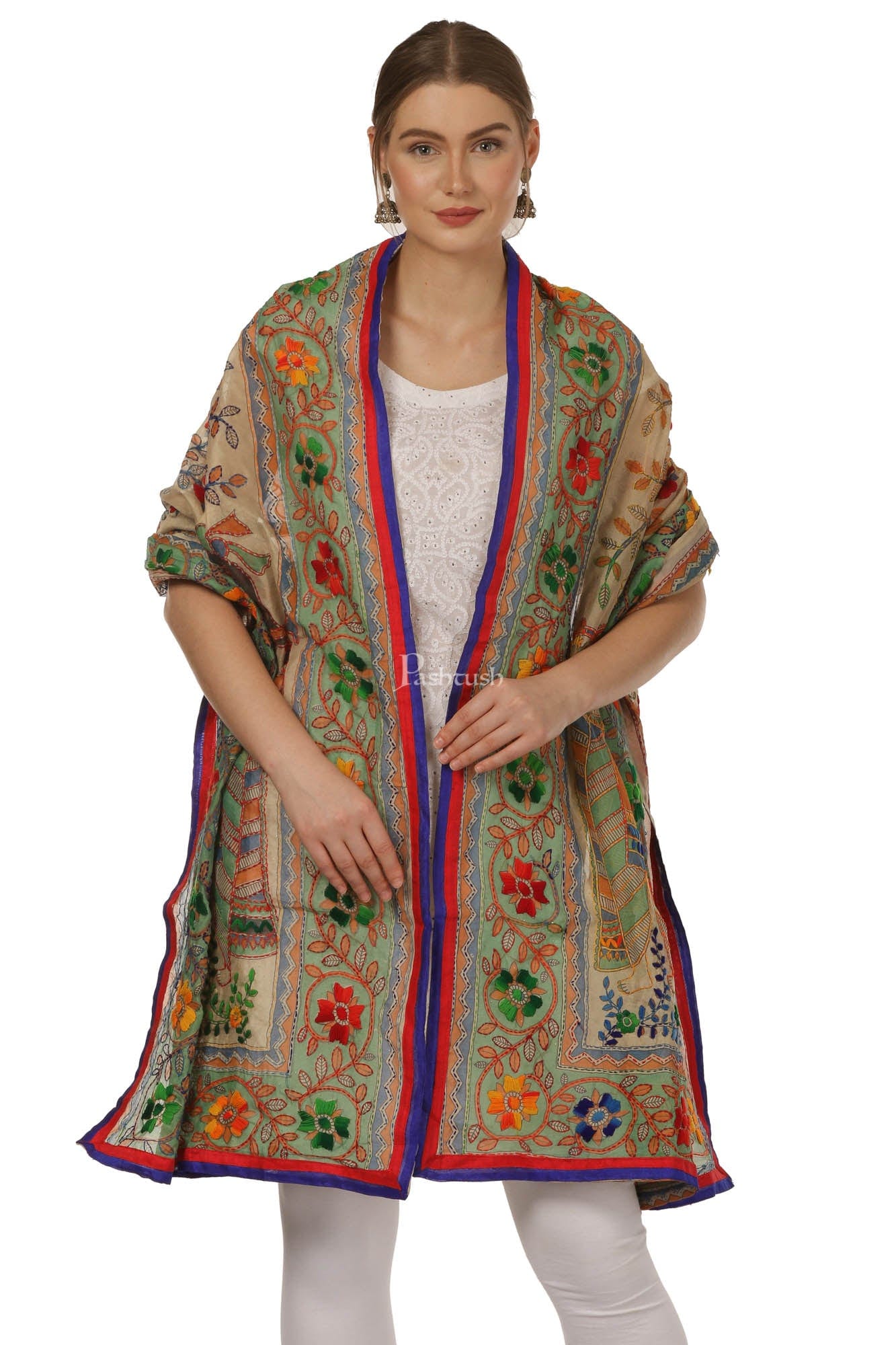 Pashtush India Womens Dupatta Pashtush Womens Dupatta, 100% Hand Embroidered Kantha Needlework Work, Free Size, Multi-Coloured