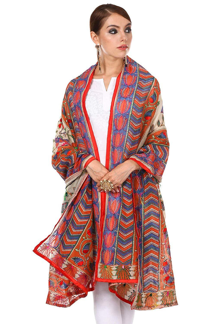 Pashtush Womens Dupatta, 100% Hand Embroidered Kantha Needlework Work, Free Size, Multi-Coloured