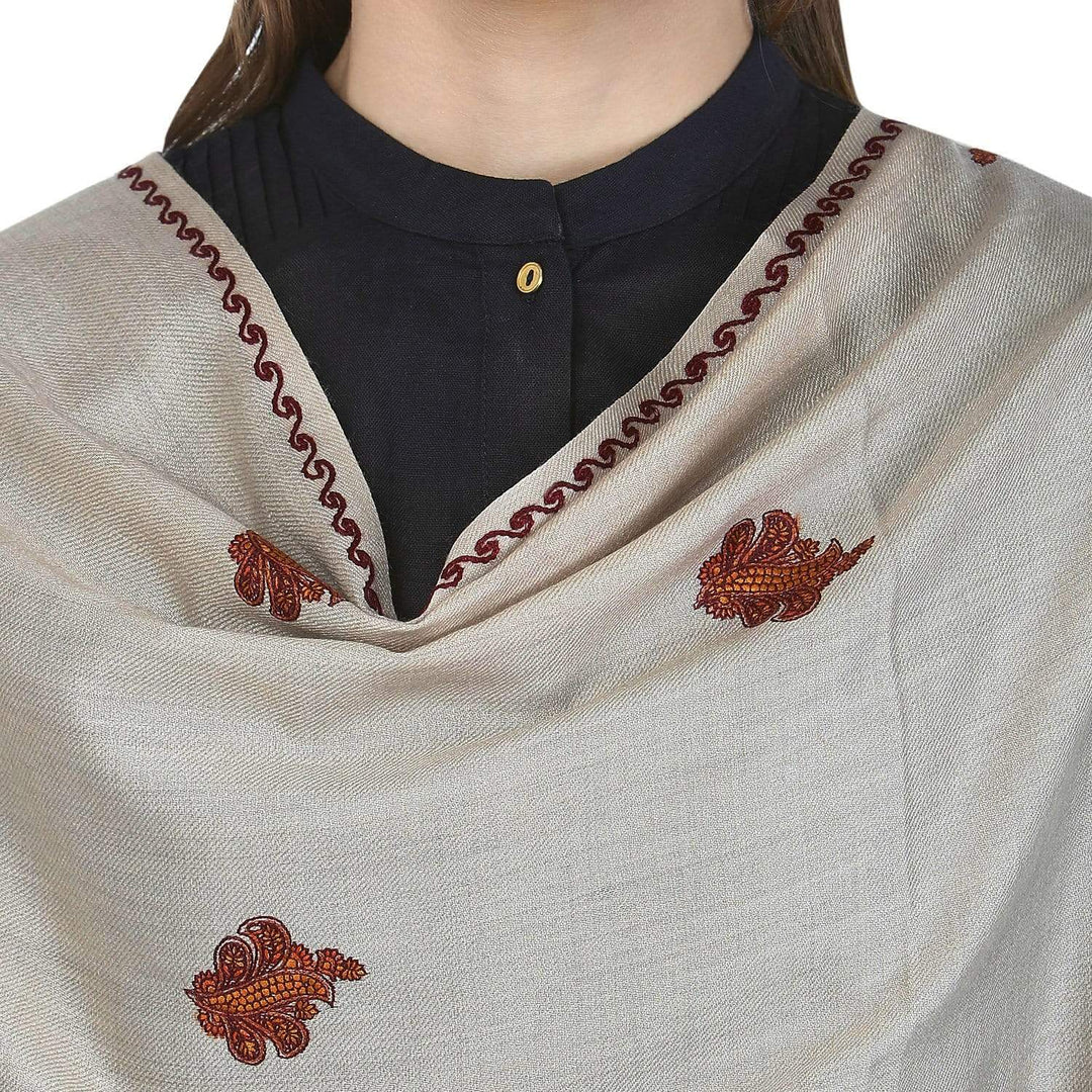 Pashtush Womens Embroidered Wool Shawl, Light Beige Colour, With Booti Motif And Jaal Palla