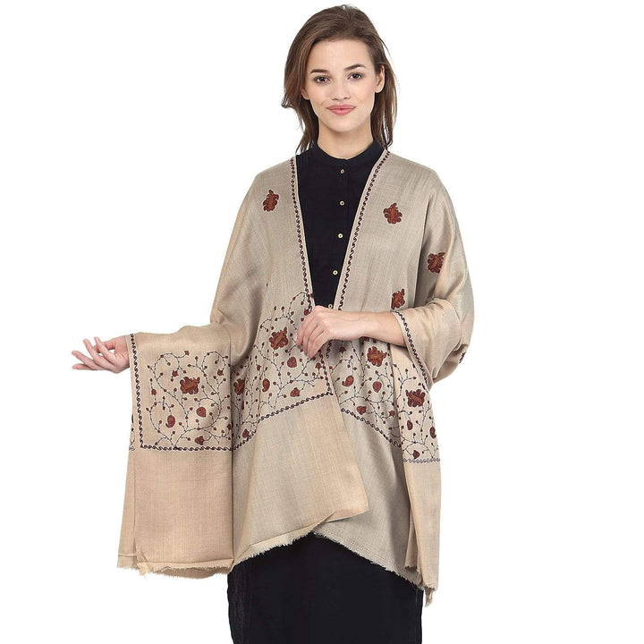 Pashtush Womens Embroidered Wool Shawl, Light Beige Colour, With Booti Motif And Jaal Palla
