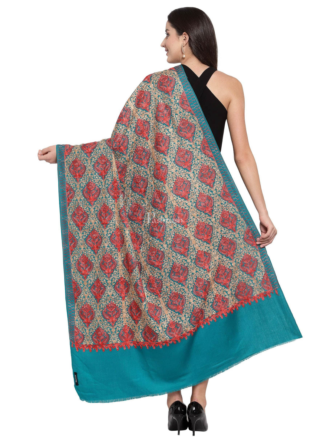 Pashtush India Womens Shawls Pashtush Womens Embroidery Shawl, Aari Embroidery, Arabic Blue