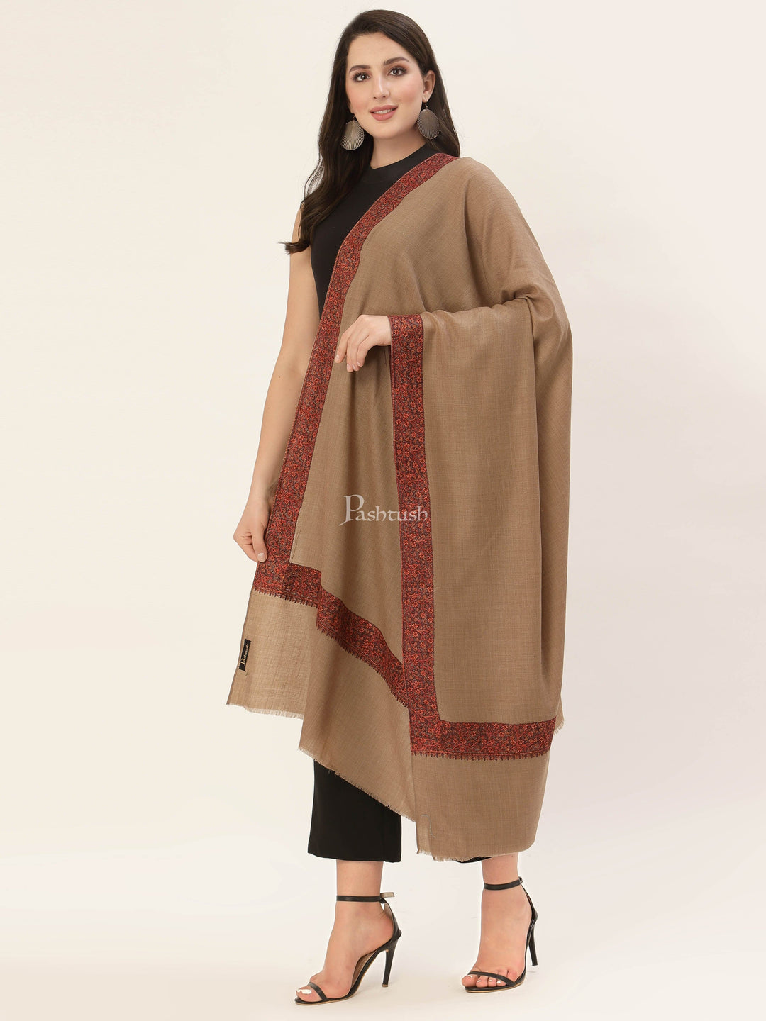 Pashtush India Womens Shawls Pashtush Womens Embroidery Shawl, Challa Daur Border, Fine Wool