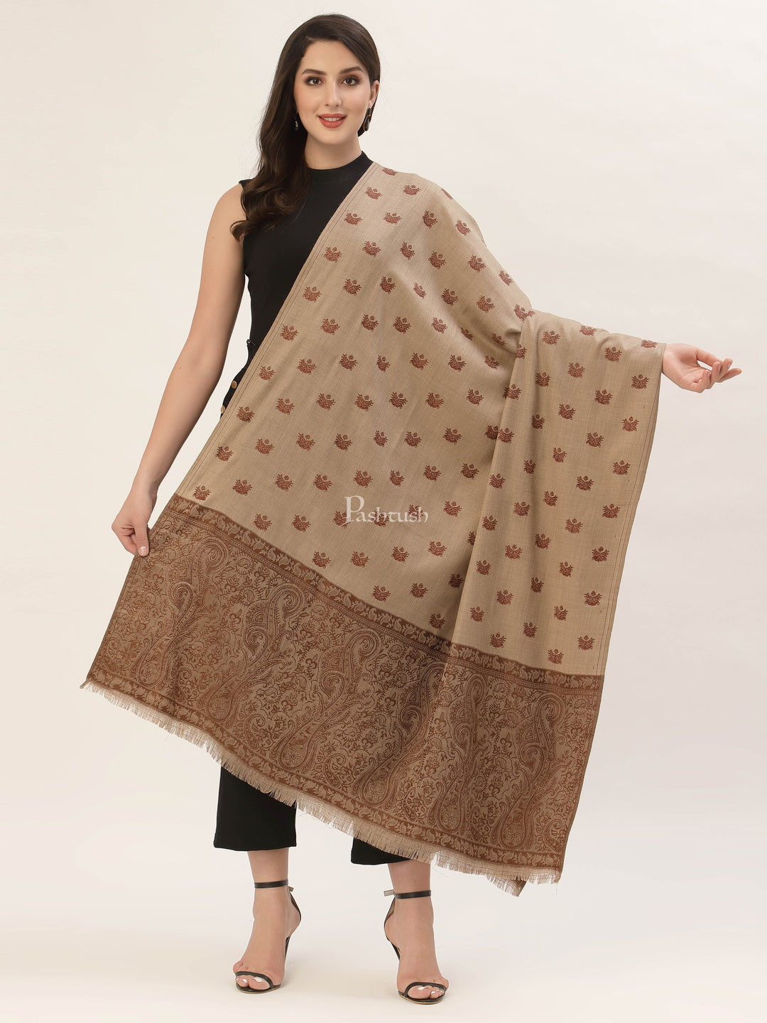 Pashtush India Womens Shawls Pashtush Womens Embroidery Shawl, Jaal Design, Fine Wool, Beige and Emerald brown