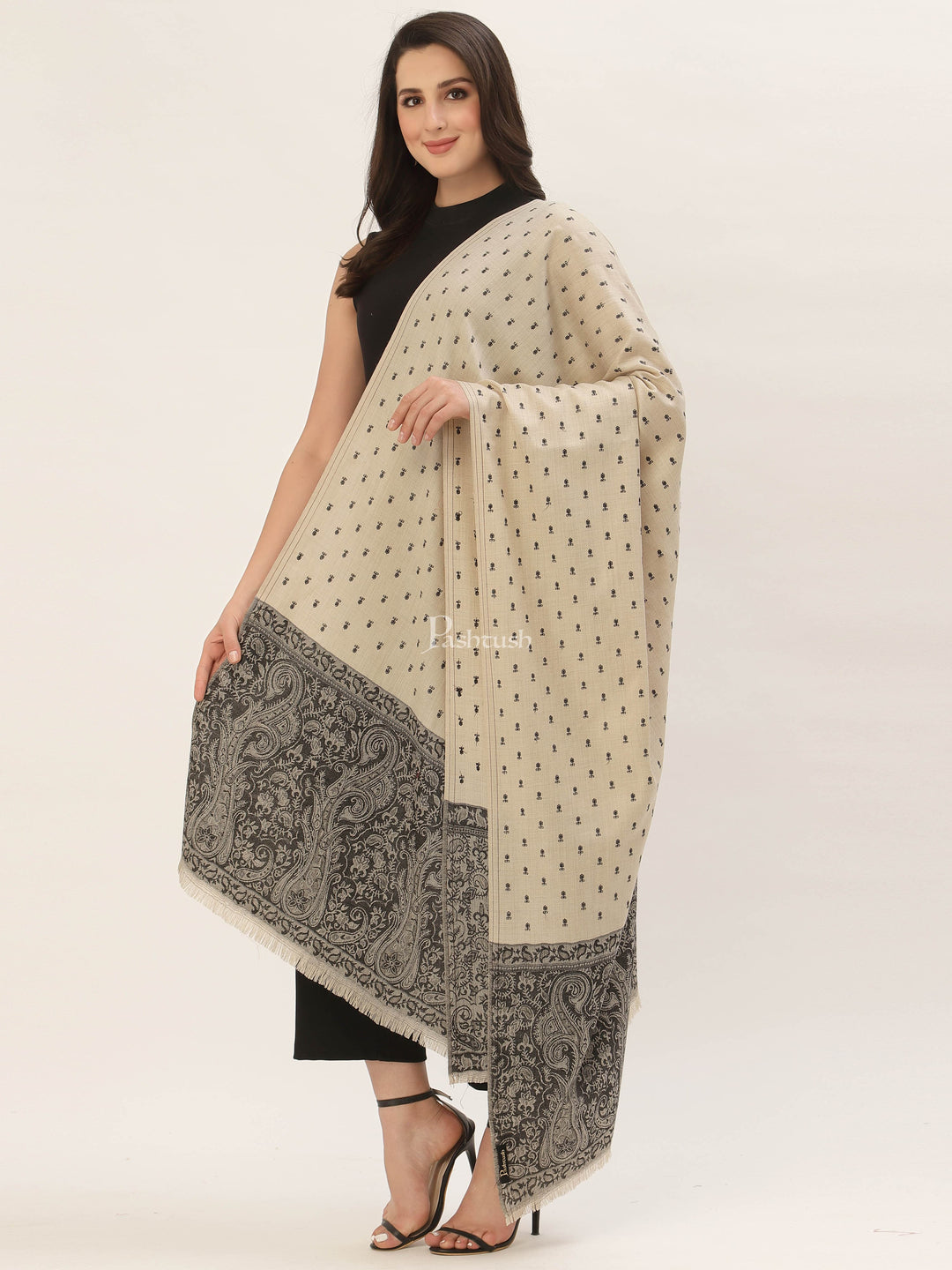 Pashtush India Womens Shawls Pashtush Womens Embroidery Shawl, Jacquard Palla, Fine Wool