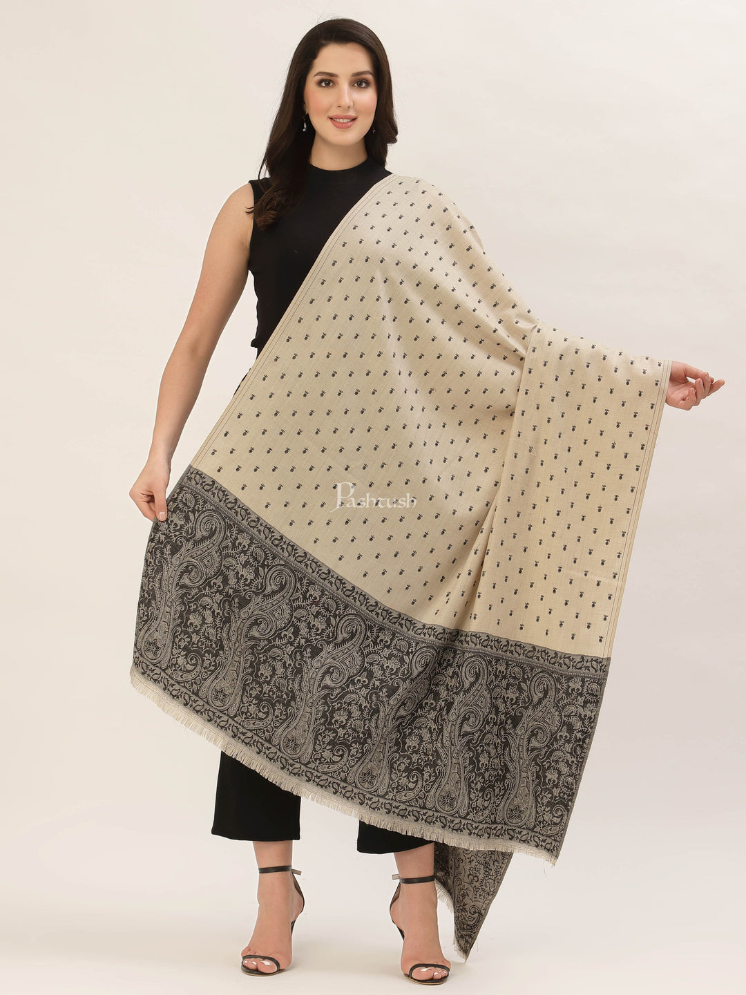 Pashtush India Womens Shawls Pashtush Womens Embroidery Shawl, Jacquard Palla, Fine Wool