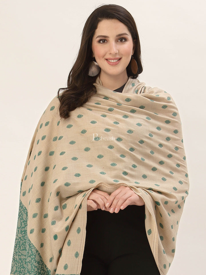 Pashtush India Womens Shawls Pashtush Womens Embroidery Shawl, Jacquard Palla, Fine Wool, Beige and Green