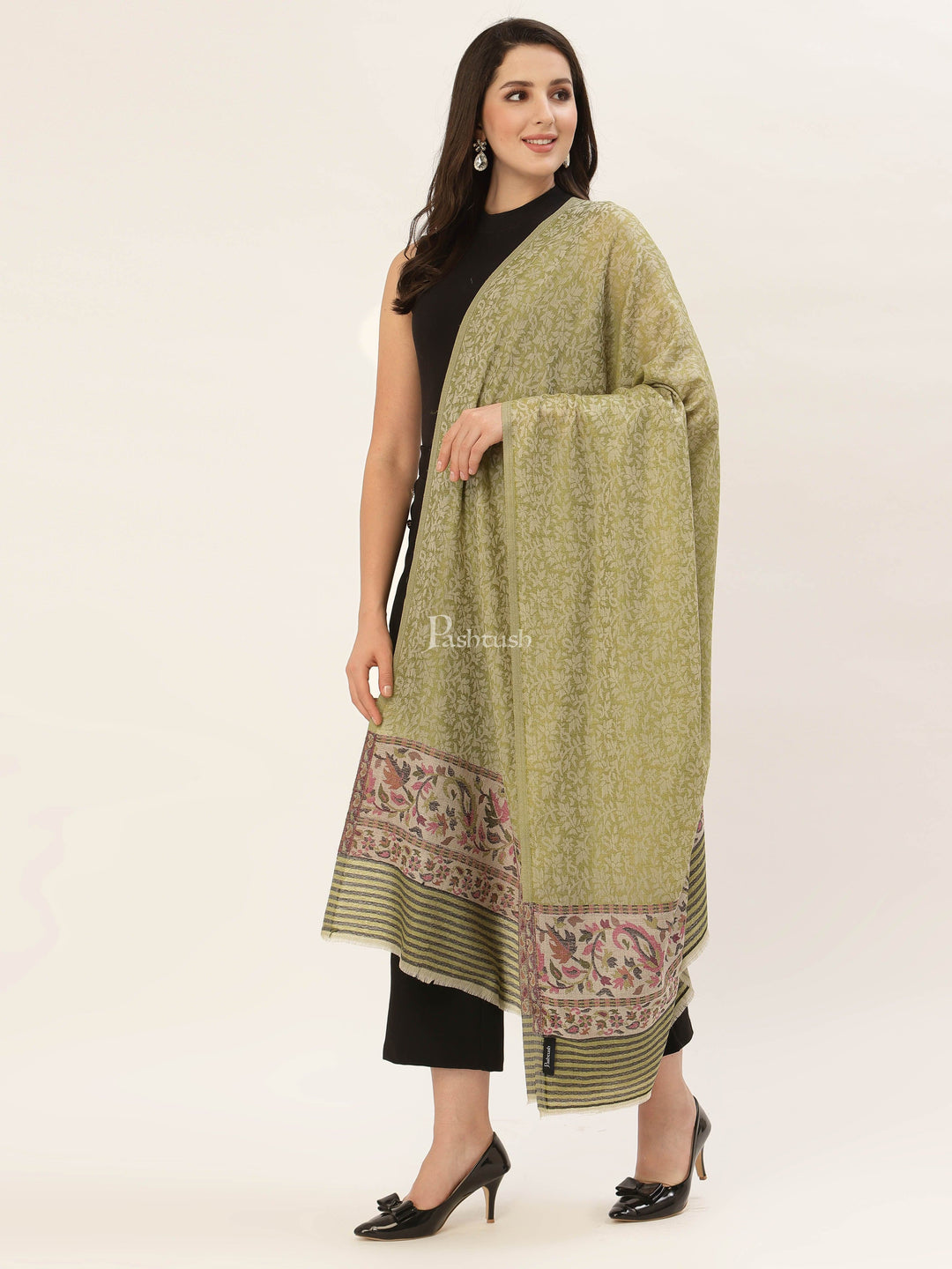 Pashtush India Womens Shawls Pashtush Womens Embroidery Shawl, Jacquard Palla, Fine Wool, Green