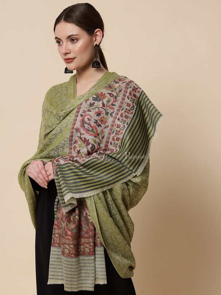 Pashtush India Womens Shawls Pashtush Womens Embroidery Shawl, Jacquard Palla, Fine Wool, Green