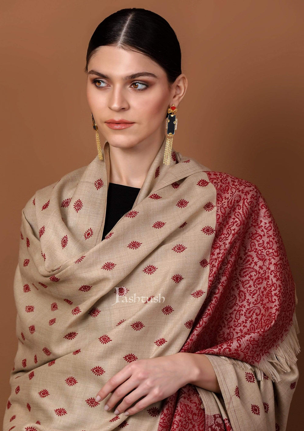 Pashtush India 100x200 Pashtush Womens Embroidery Shawl, Light Weight and Warm, Beige and Merlot