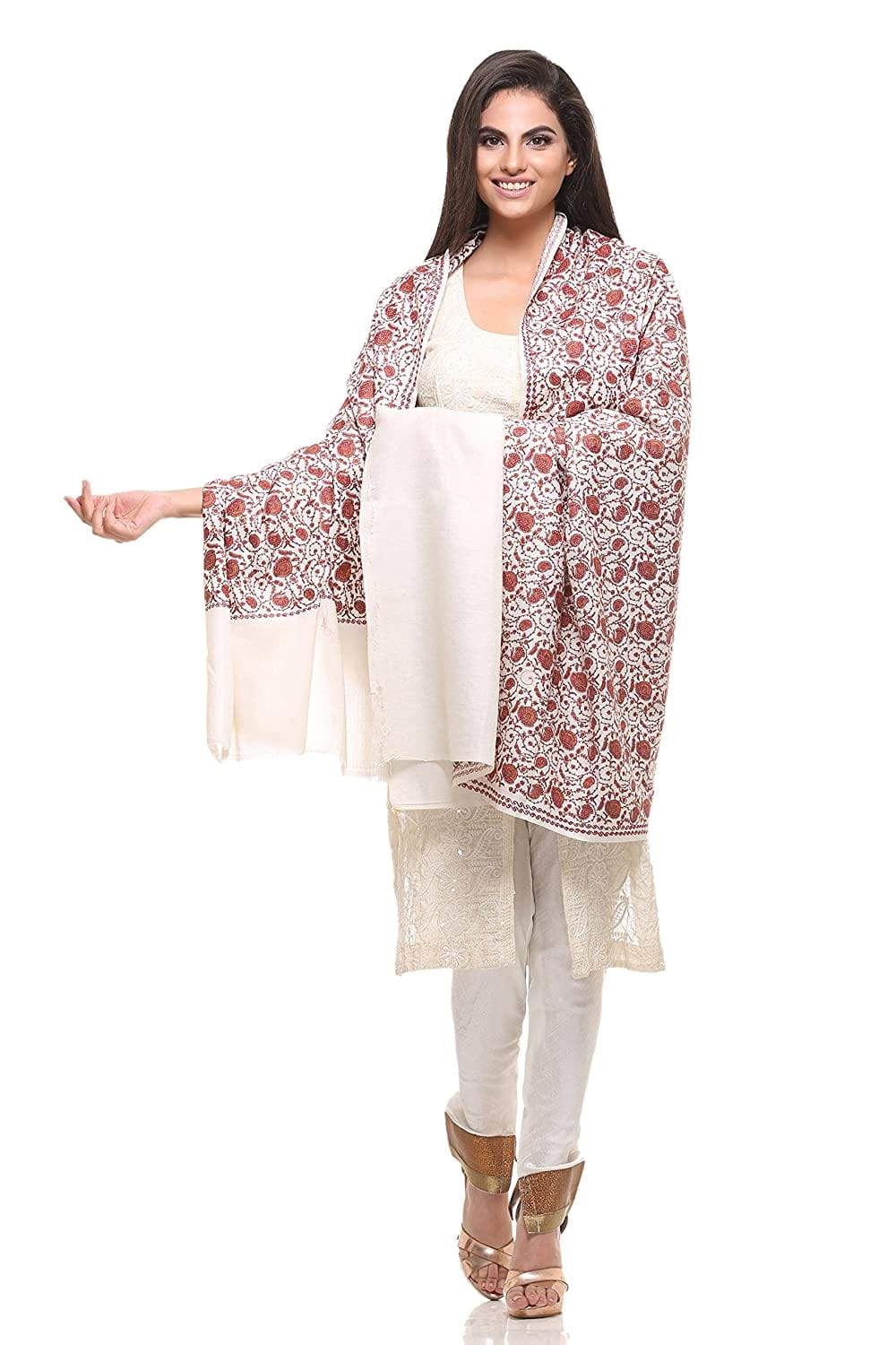 Pashtush Womens Embroidery Shawl White Silk Thread Work, Embroidery Design. Heritage Wool Collection