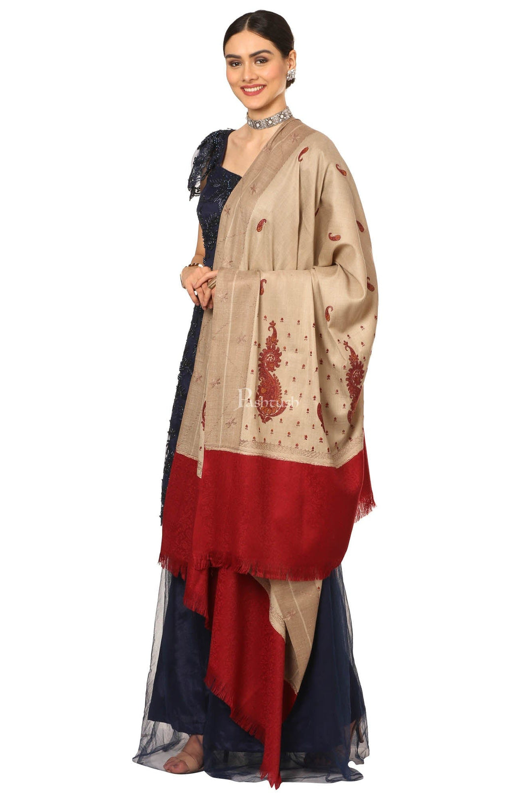 Pashtush India Womens Shawls Pashtush Womens, Embroidery Shawl With Palla Deisgn, Bridal Soft Wool Collection - Multi-Coloured