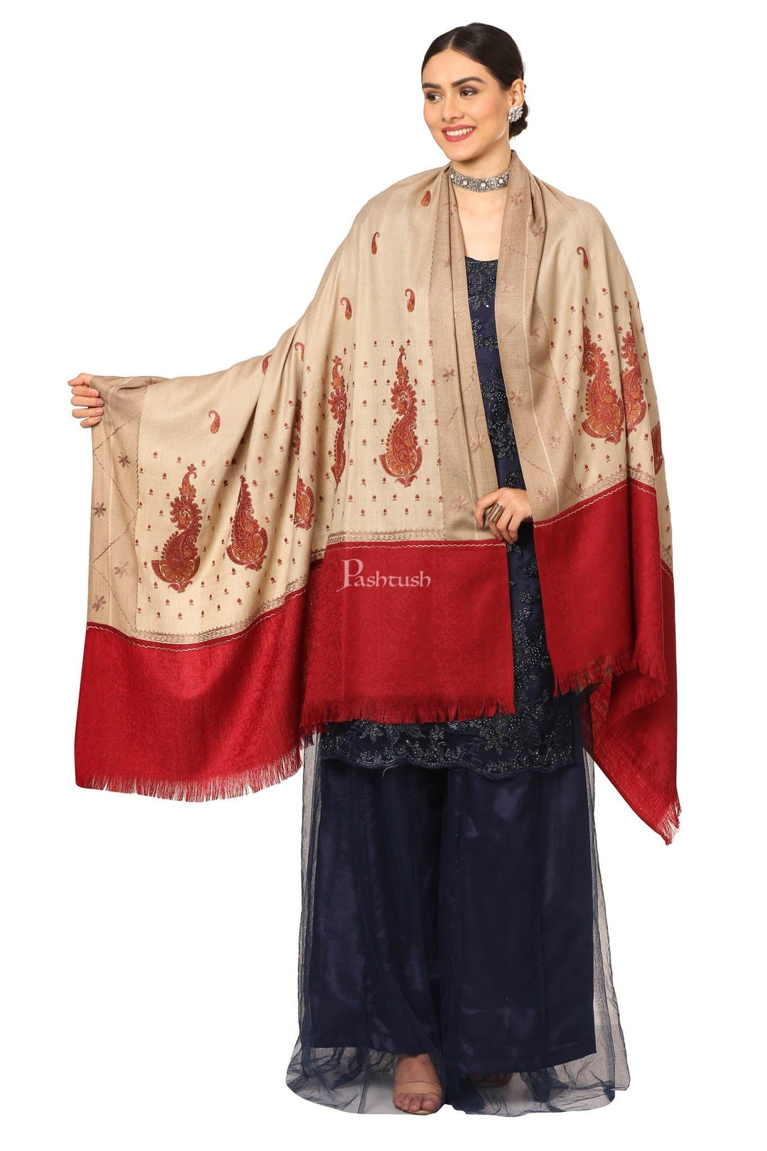 Pashtush India Womens Shawls Pashtush Womens, Embroidery Shawl With Palla Deisgn, Bridal Soft Wool Collection - Multi-Coloured