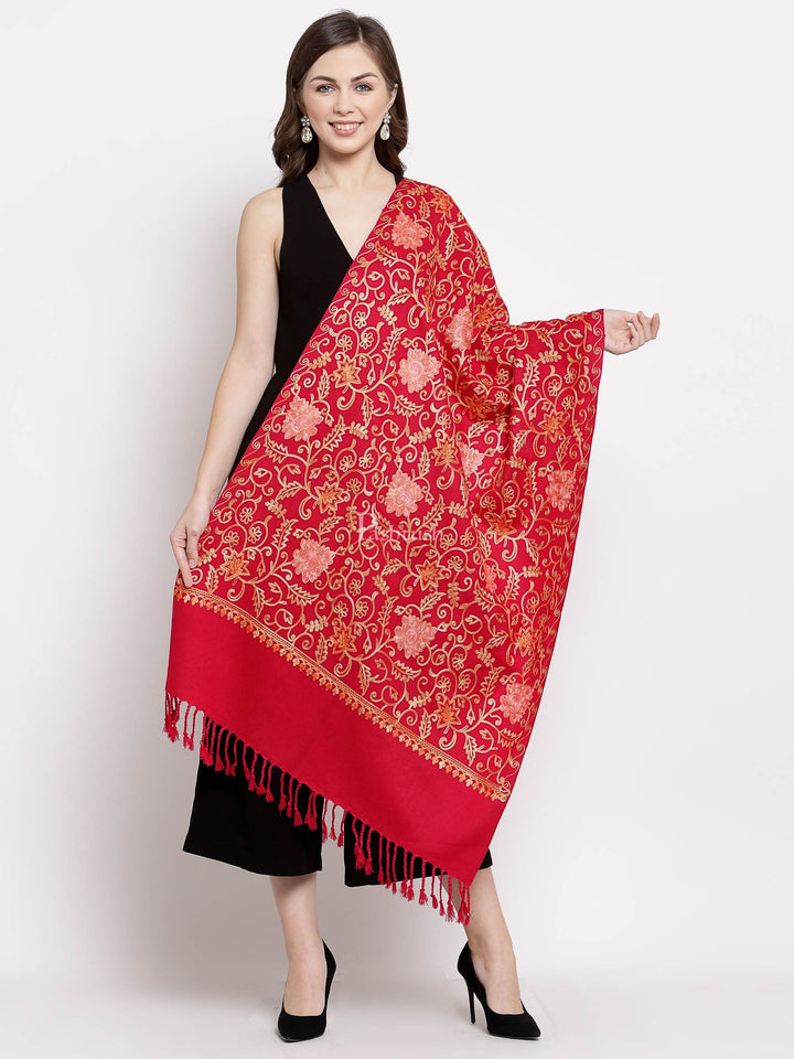 Pashtush India Womens Stoles and Scarves Scarf Pashtush Womens Embroidery Stole, Aari Work, Fine Wool, Red
