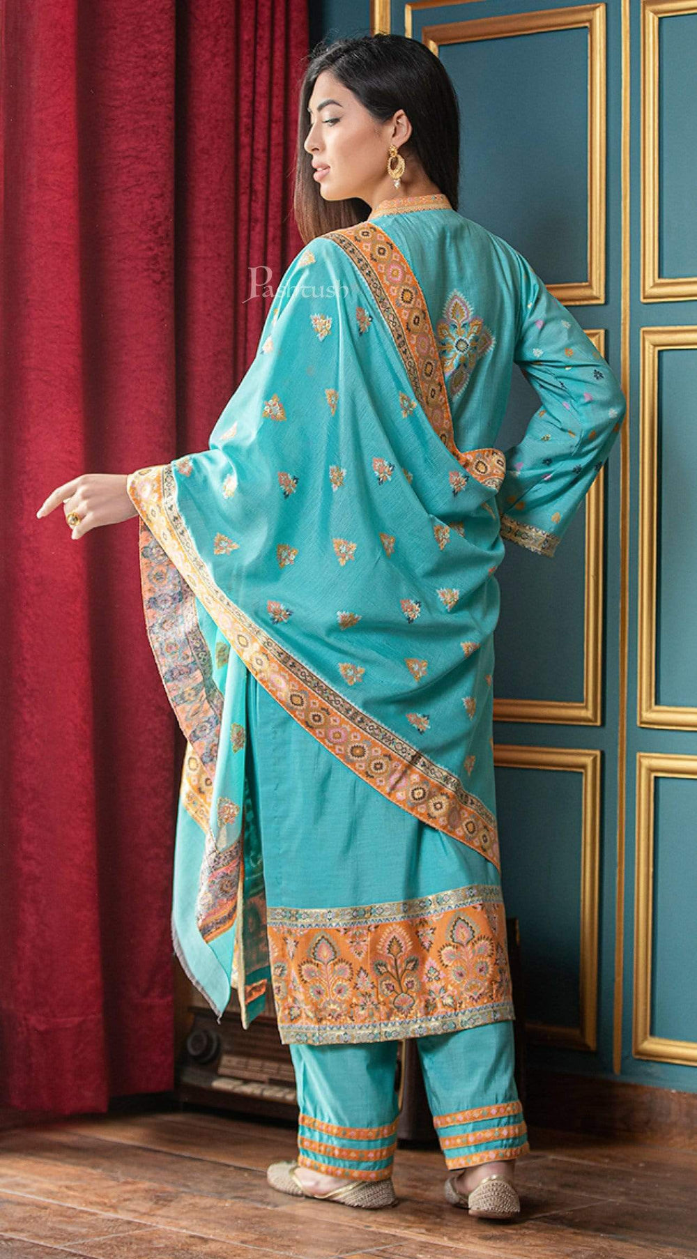 Pashtush India suit Pashtush Womens Ethnic Weave Cotton-Silk Unstitched Suit, Aqua Blue