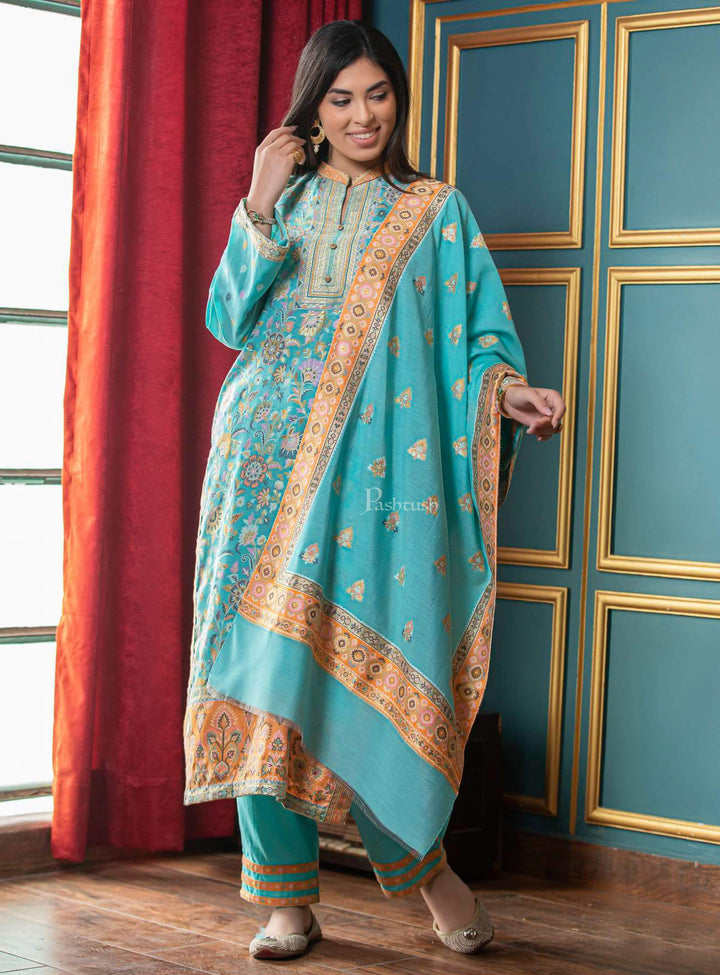 Pashtush India suit Pashtush Womens Ethnic Weave Cotton-Silk Unstitched Suit, Aqua Blue