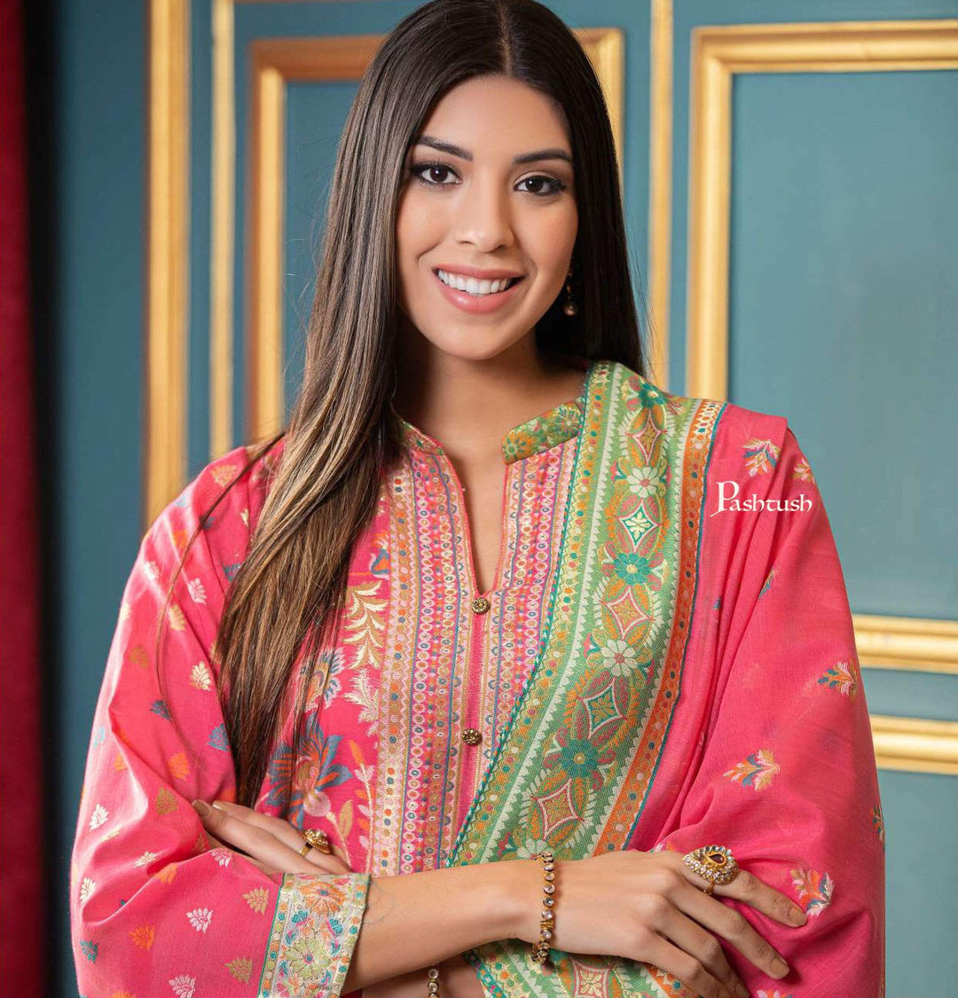 Pashtush India suit Pashtush Womens Ethnic Weave Cotton-Silk Unstitched Suit, Fuchsia
