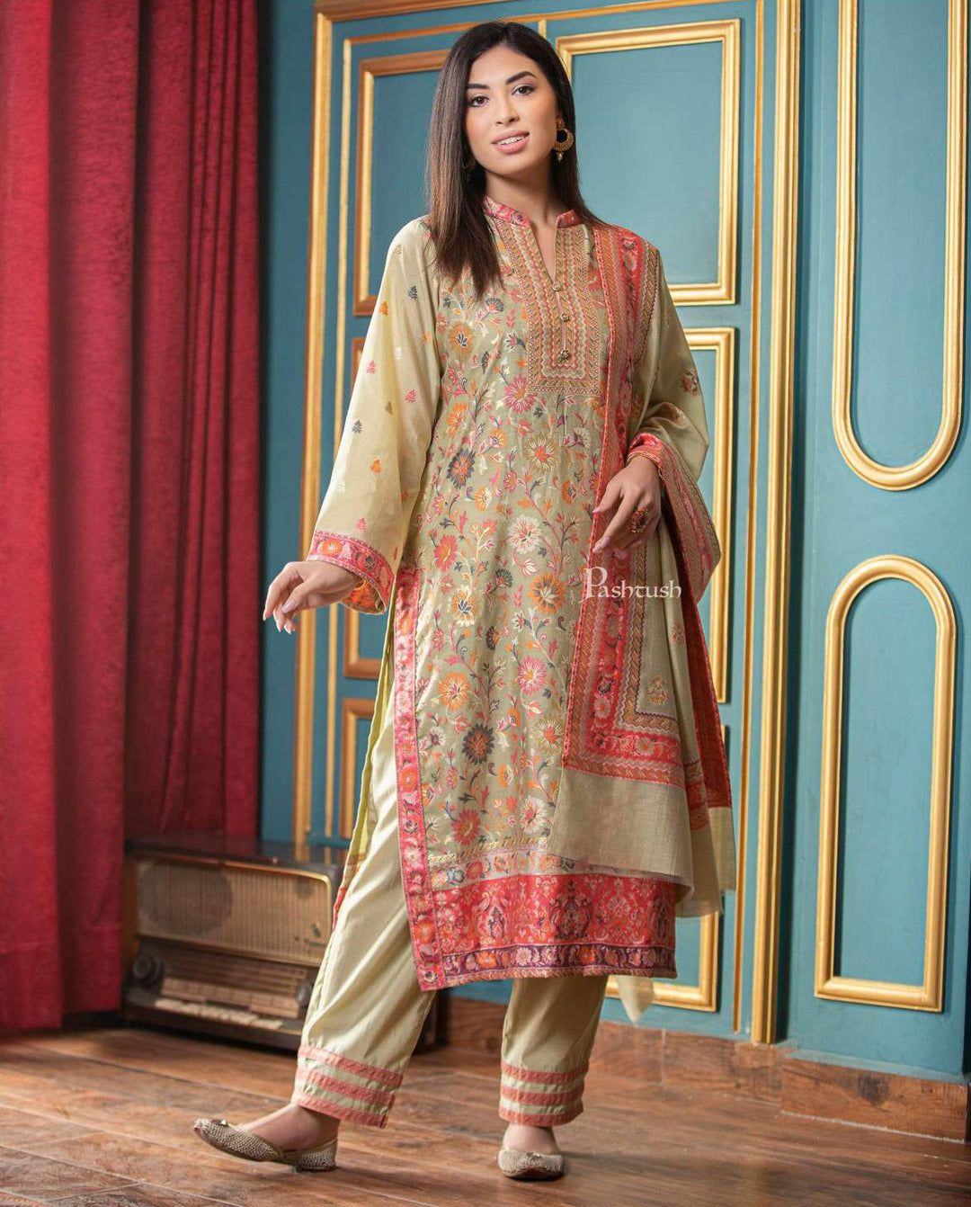 Pashtush India suit Pashtush Womens Ethnic Weave Cotton-Silk Unstitched Suit, Sombre Florals