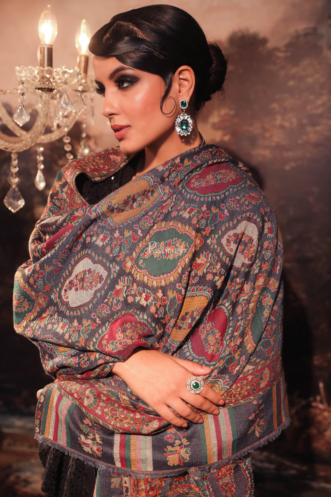 Pashtush India Womens Shawls Pashtush Womens Ethnic Weave Shawl, Pure Wool With Woolmark Certificate, Black