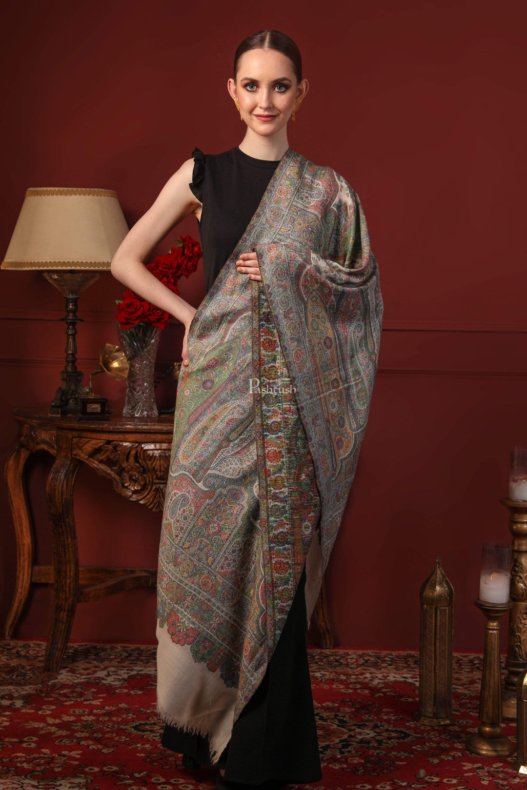 Pashtush India 70x200 Pashtush Womens Ethnic Weave Stole, 100% Pure Wool With Woolmark Certificate