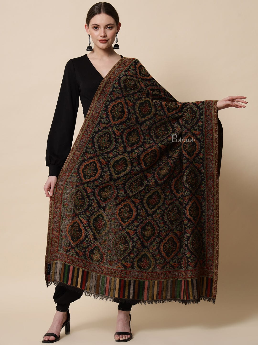 Pashtush India Womens Shawls Pashtush Womens Extra Fine Ethnic Shawl, Pure Wool, Woolmark Certificate, Multicolour