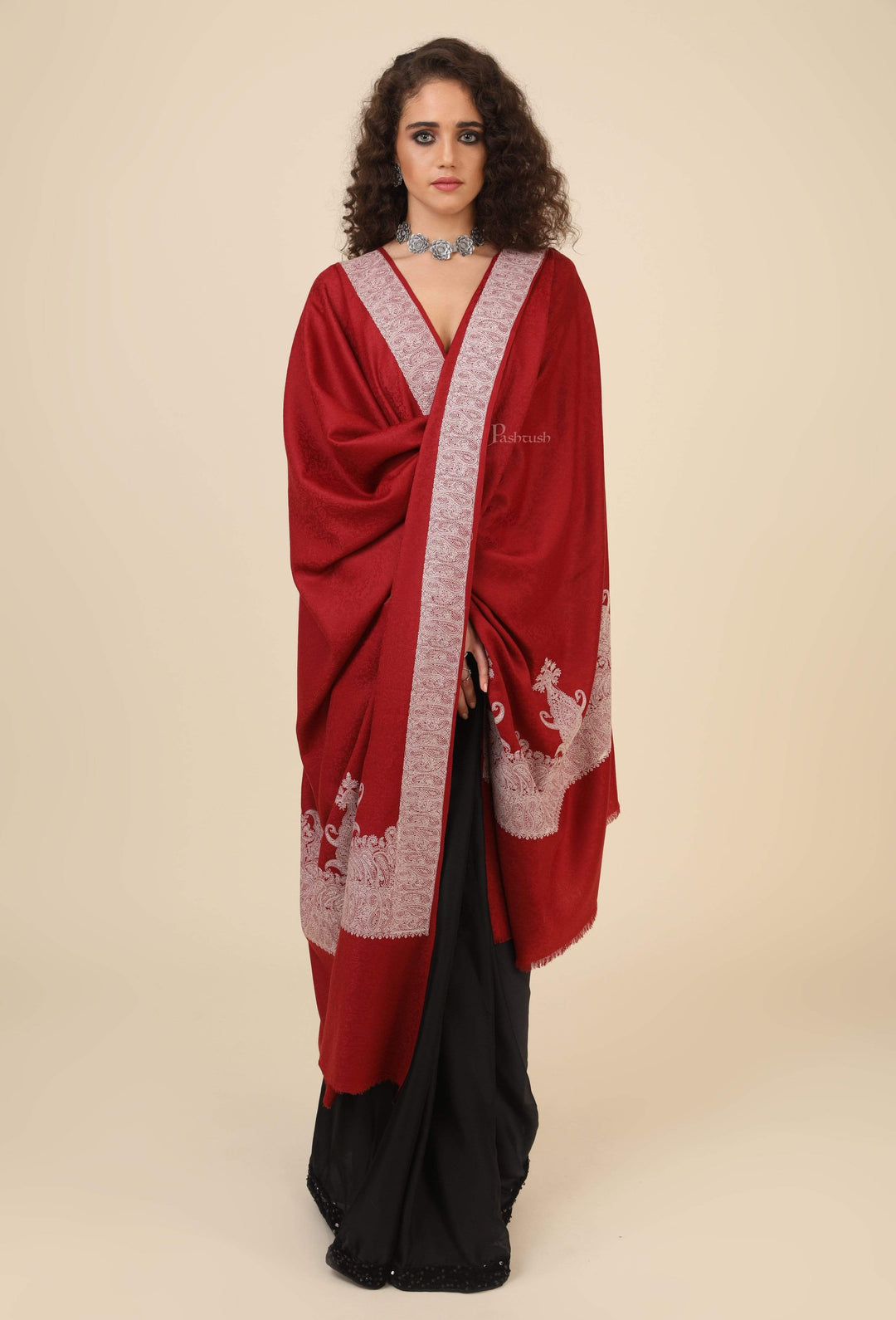 Pashtush India 114x228 Pashtush Womens, Extra fine Palla Embroidery Shawl, with Tone on Tone Needlework, Soft and Warm