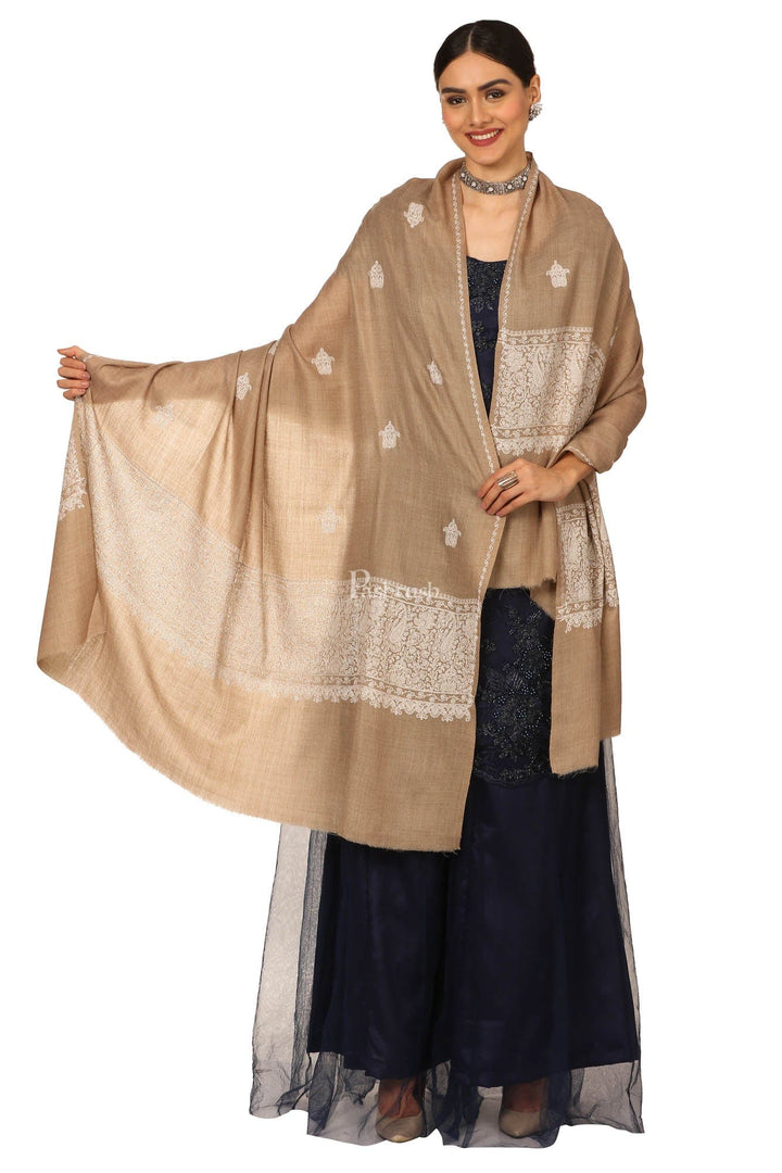 Pashtush India Womens Shawls Pashtush Womens, Extra Fine Palla Embroidery Shawl, With Tone On Tone Needlework, Wool Design, Soft And Extra Fine