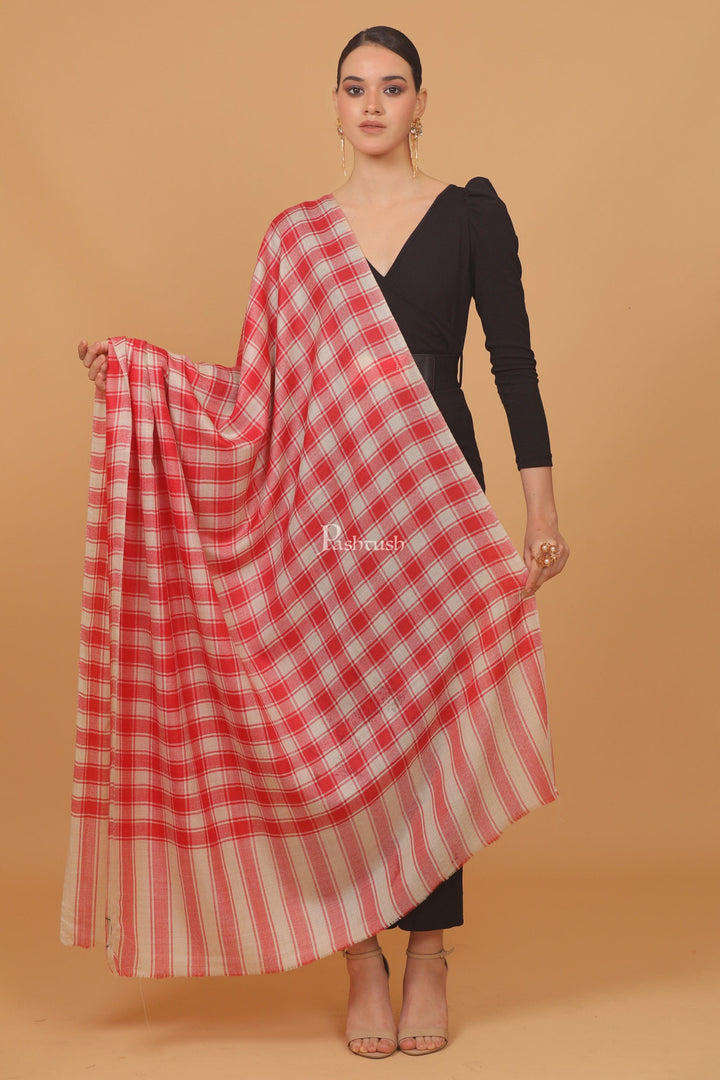 Pashtush India Womens Stoles and Scarves Scarf Pashtush womens Extra Fine Wool shawl, CHECKERED design, Beige And Red