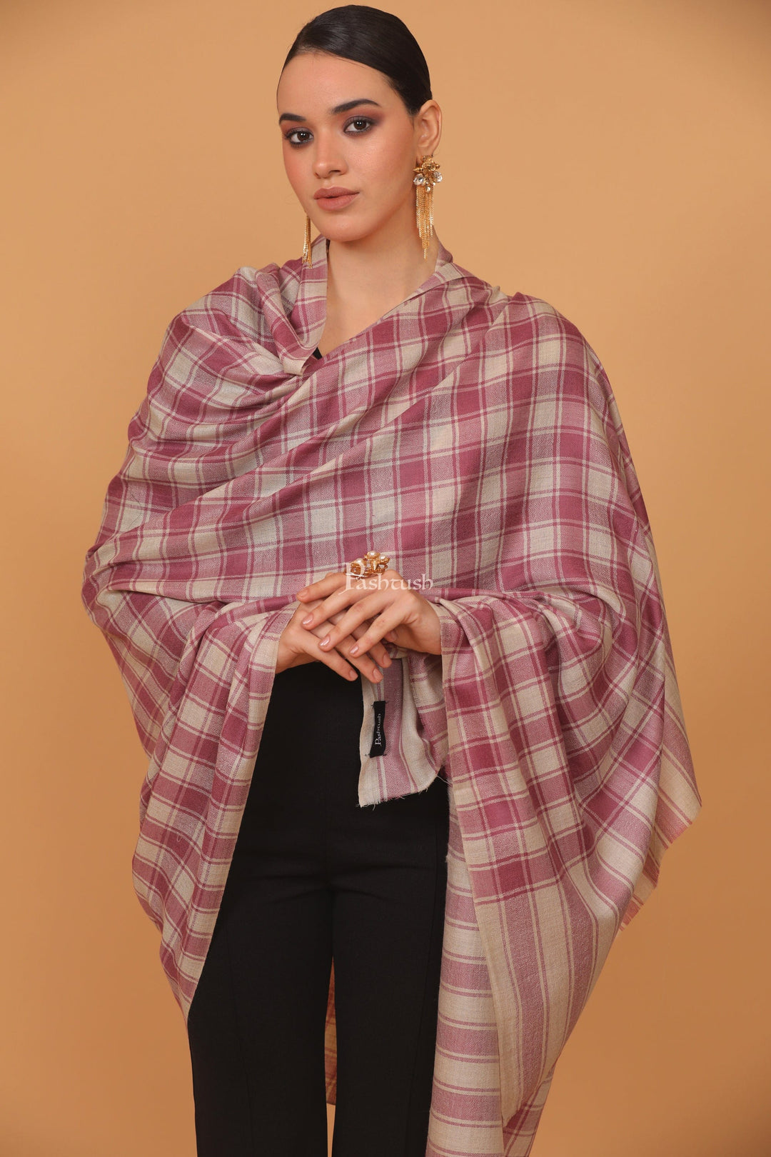 Pashtush India Womens Stoles and Scarves Scarf Pashtush womens Extra Fine Wool shawl, CHECKERED design, Purple