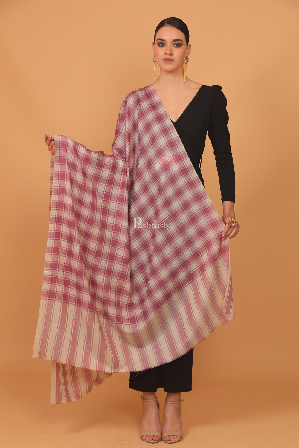 Pashtush India Womens Stoles and Scarves Scarf Pashtush womens Extra Fine Wool shawl, CHECKERED design, Purple