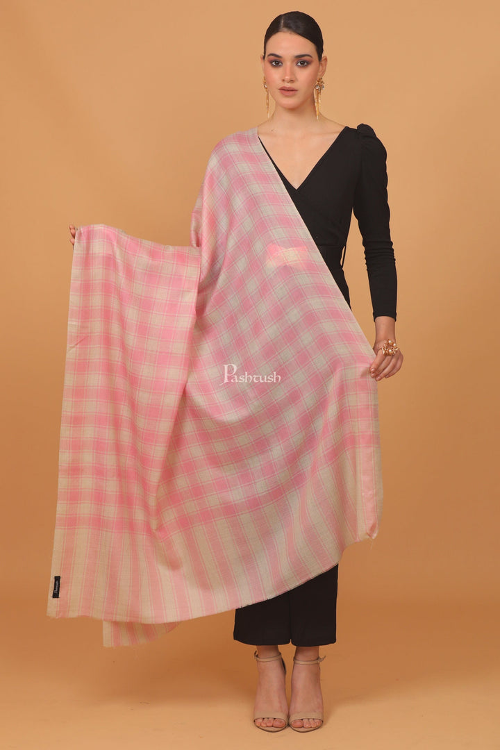 Pashtush India Womens Stoles and Scarves Scarf Pashtush womens Extra Fine Wool shawl, CHECKERED design, Soft Pink
