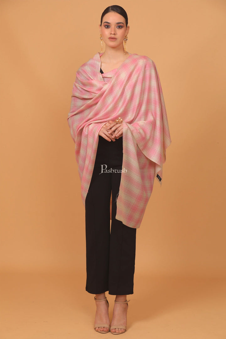 Pashtush India Womens Stoles and Scarves Scarf Pashtush womens Extra Fine Wool shawl, CHECKERED design, Soft Pink