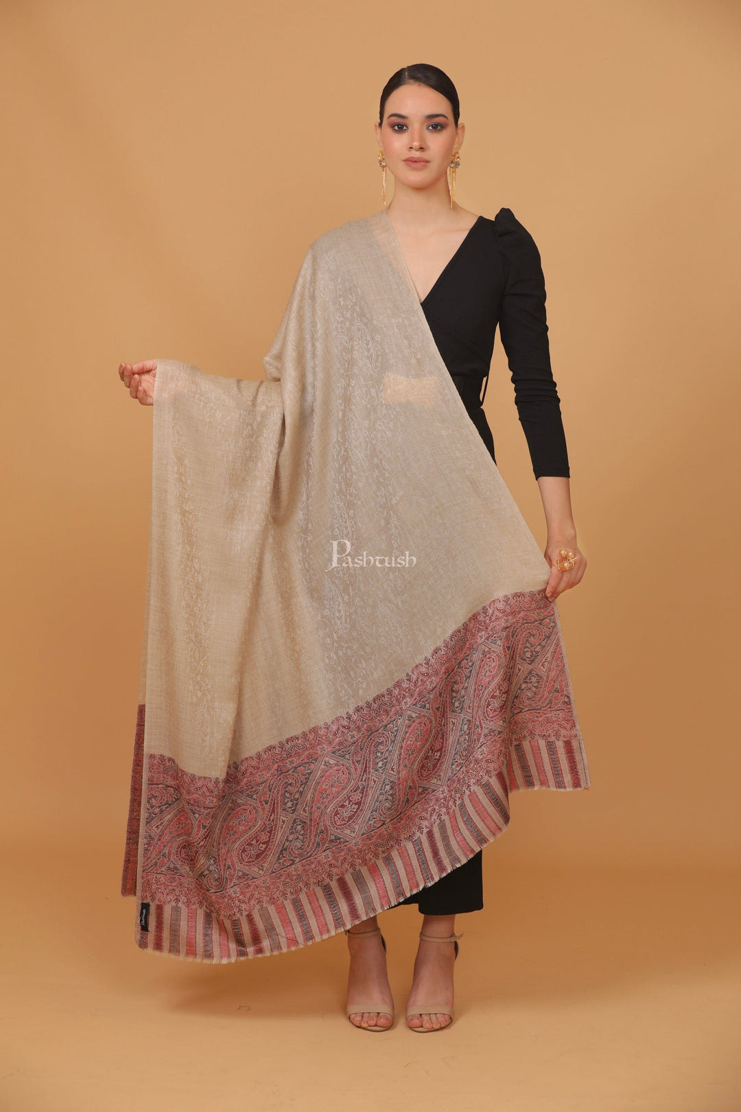 Pashtush India Womens Stoles and Scarves Scarf Pashtush womens Extra Fine Wool shawl, JACQUARD PALLA design, Beige