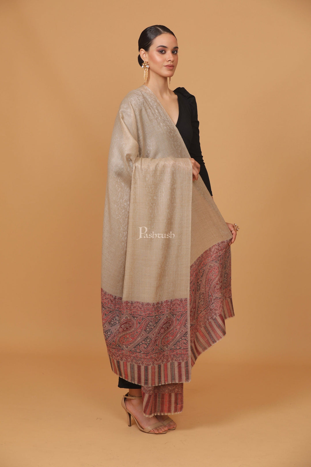 Pashtush India Womens Stoles and Scarves Scarf Pashtush womens Extra Fine Wool shawl, JACQUARD PALLA design, Beige