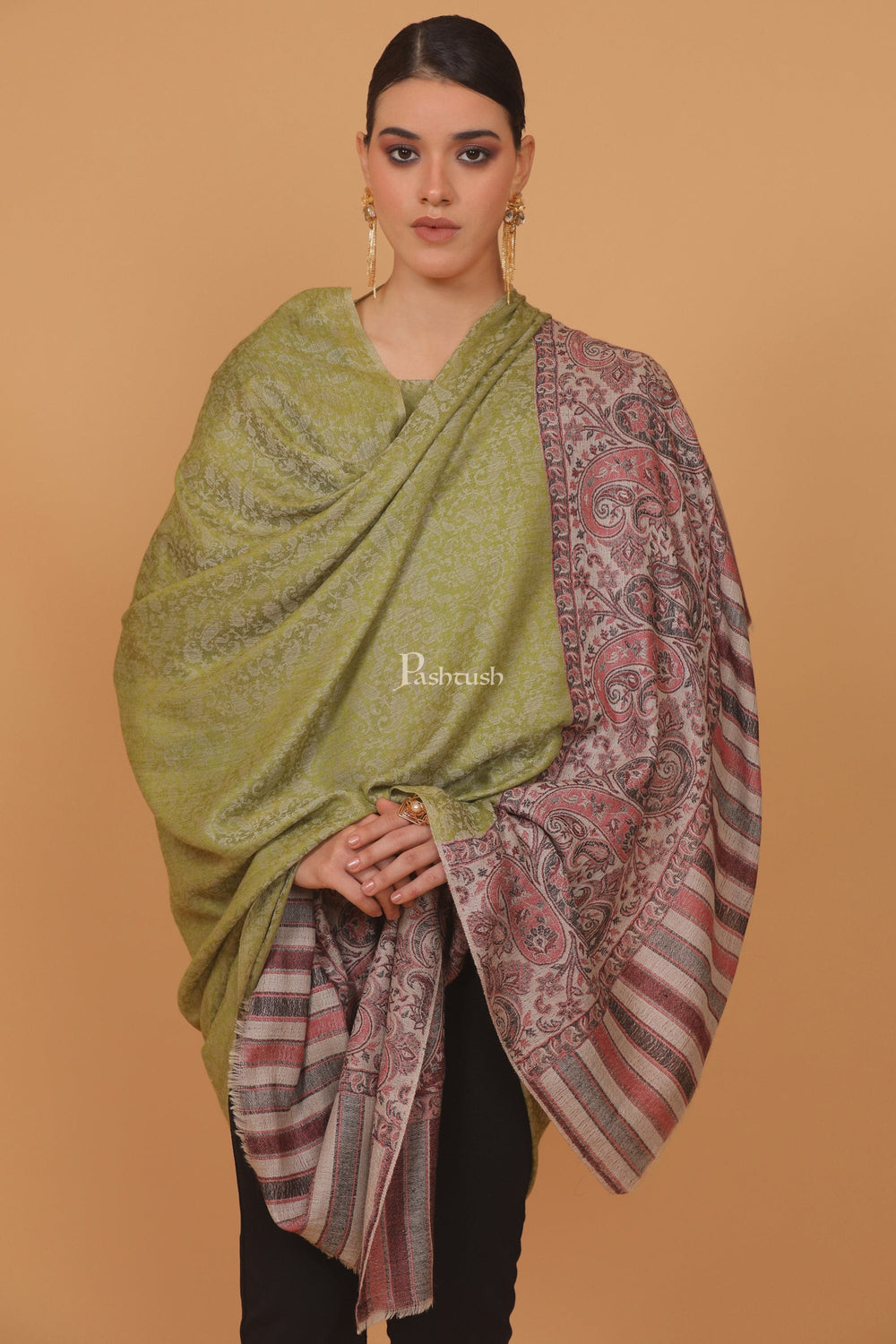 Pashtush India Womens Stoles and Scarves Scarf Pashtush womens Extra Fine Wool shawl, JACQUARD PALLA design, Green