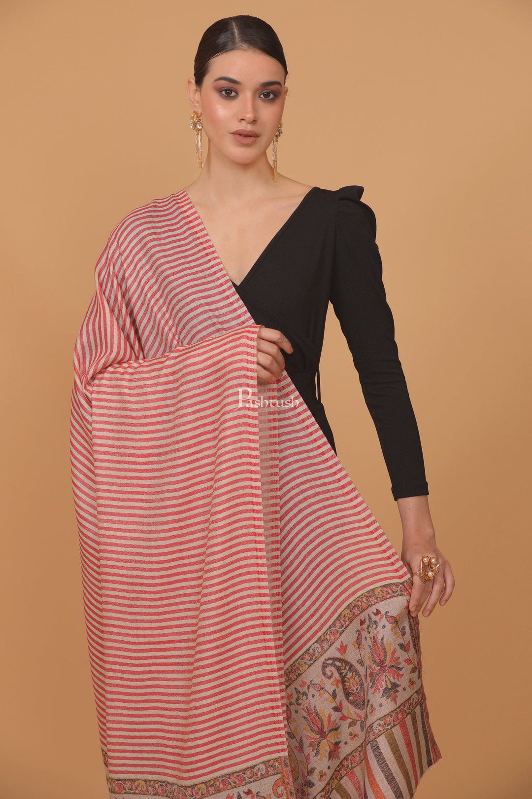 Pashtush India Womens Stoles and Scarves Scarf Pashtush womens Extra Fine Wool shawl, JACQUARD PALLA design, Red