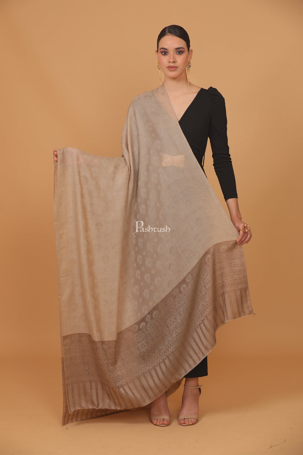 Pashtush India Womens Stoles and Scarves Scarf Pashtush womens Extra Fine Wool shawl, JACQUARD PALLA design, Taupe