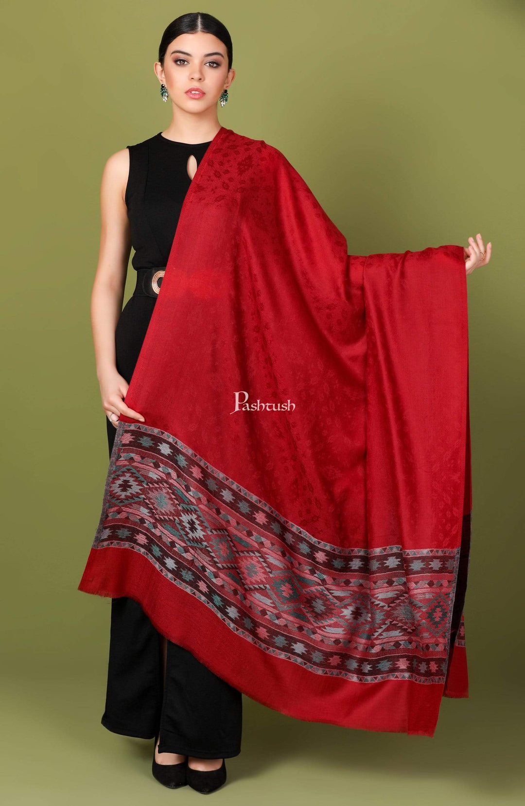 Pashtush Shawl Store Shawl Pashtush Womens Extra Fine Wool Shawl, Jacquard, Soft, Warm and Ultra Light Weight