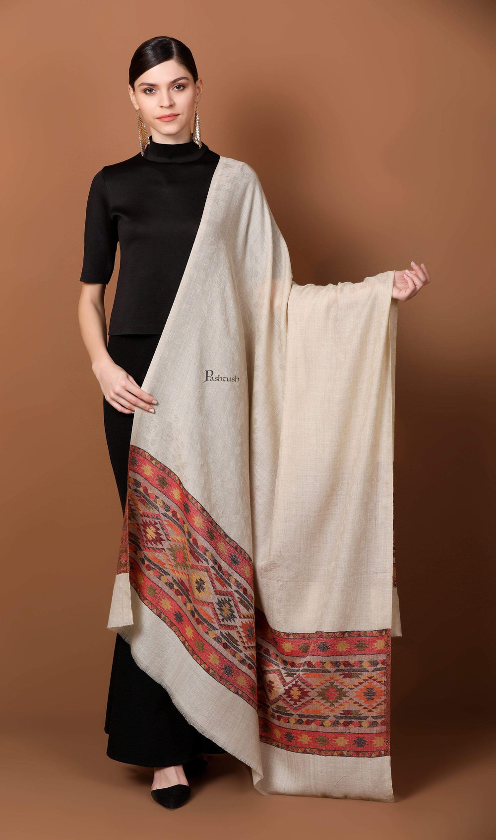 Pashtush Shawl Store Shawl Pashtush Womens Extra Fine Wool Shawl, Jacquard, Soft, Warm and Ultra Light Weight
