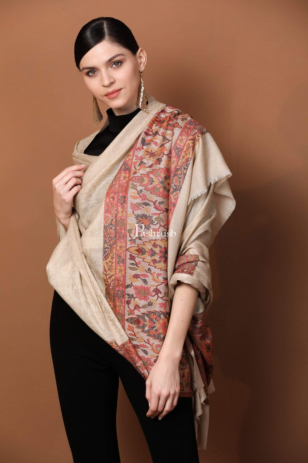 Pashtush India 100x200 Pashtush Womens Extra Fine Wool Shawl, Jacquard, Soft, Warm and Ultra Light Weight