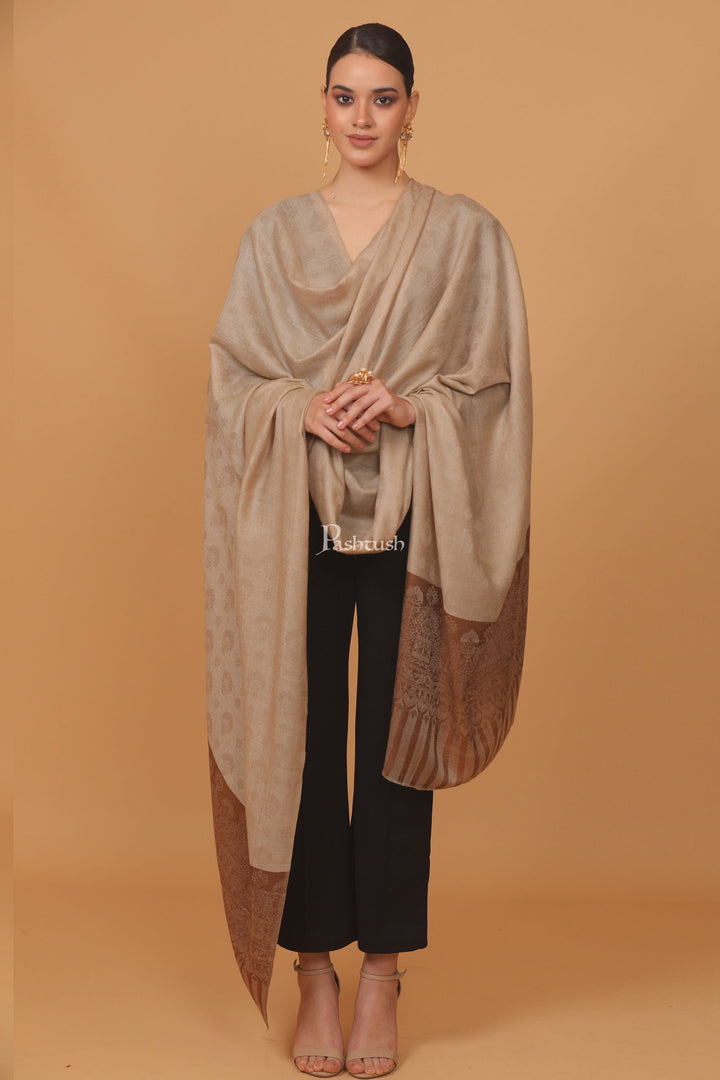 Pashtush India Womens Stoles and Scarves Scarf Pashtush womens Extra Fine Wool shawl, PASILEY WEAVE design, Coffee And Beige